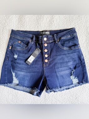 Fashion Nova Dark Blue High-Rise Distressed Denim Shorts